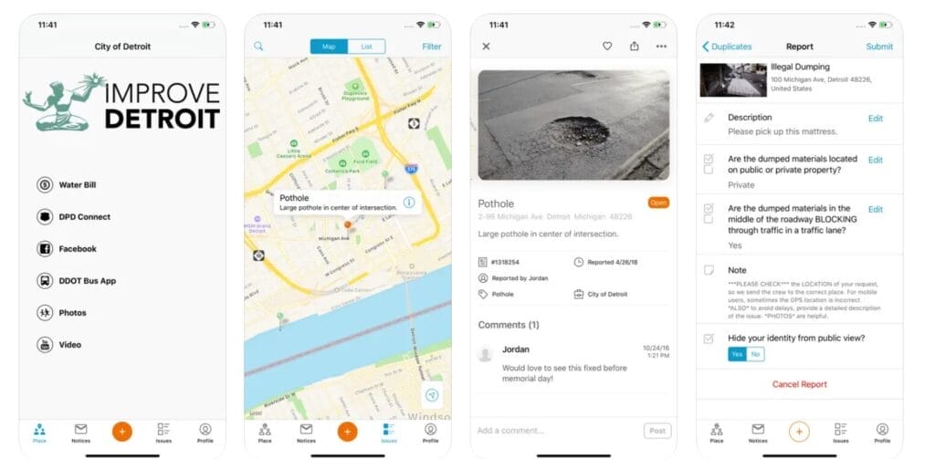 A series of screenshots from the Improve Detroit app, which allows residents to report infrastructure issues to the city.